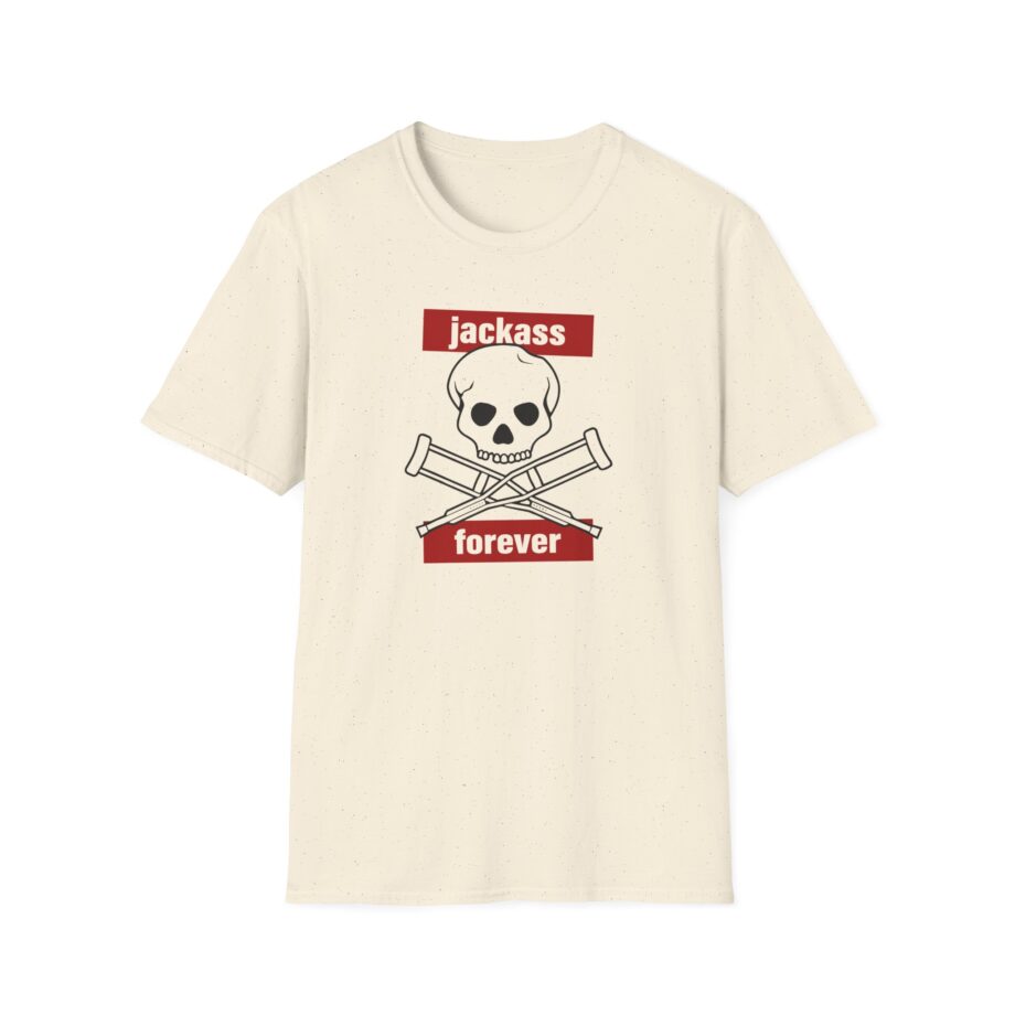 Jackass Forever Red Skull and Crutches Warning Logo Raglan Unisex Softstyle T-Shirt