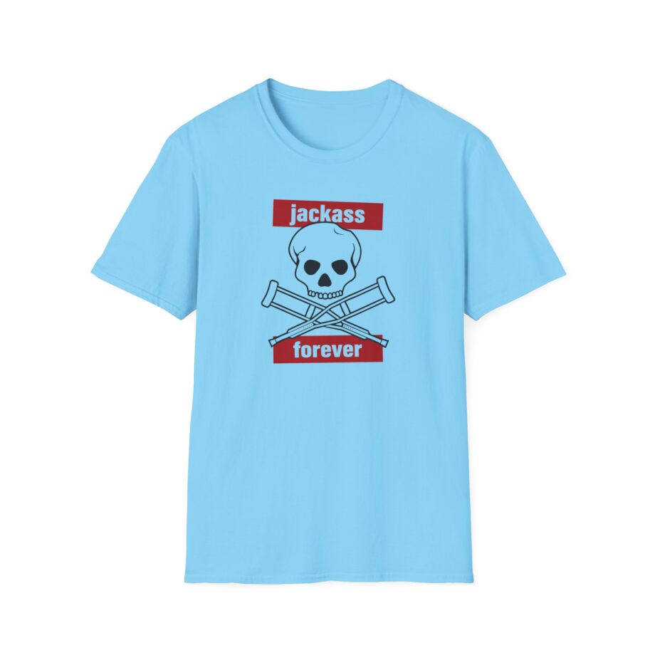 Jackass Forever Red Skull and Crutches Warning Logo Raglan Unisex Softstyle T-Shirt