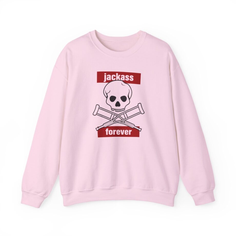 Jackass Forever Red Skull and Crutches Warning Logo Raglan Unisex Heavy Blend™ Crewneck Sweatshirt