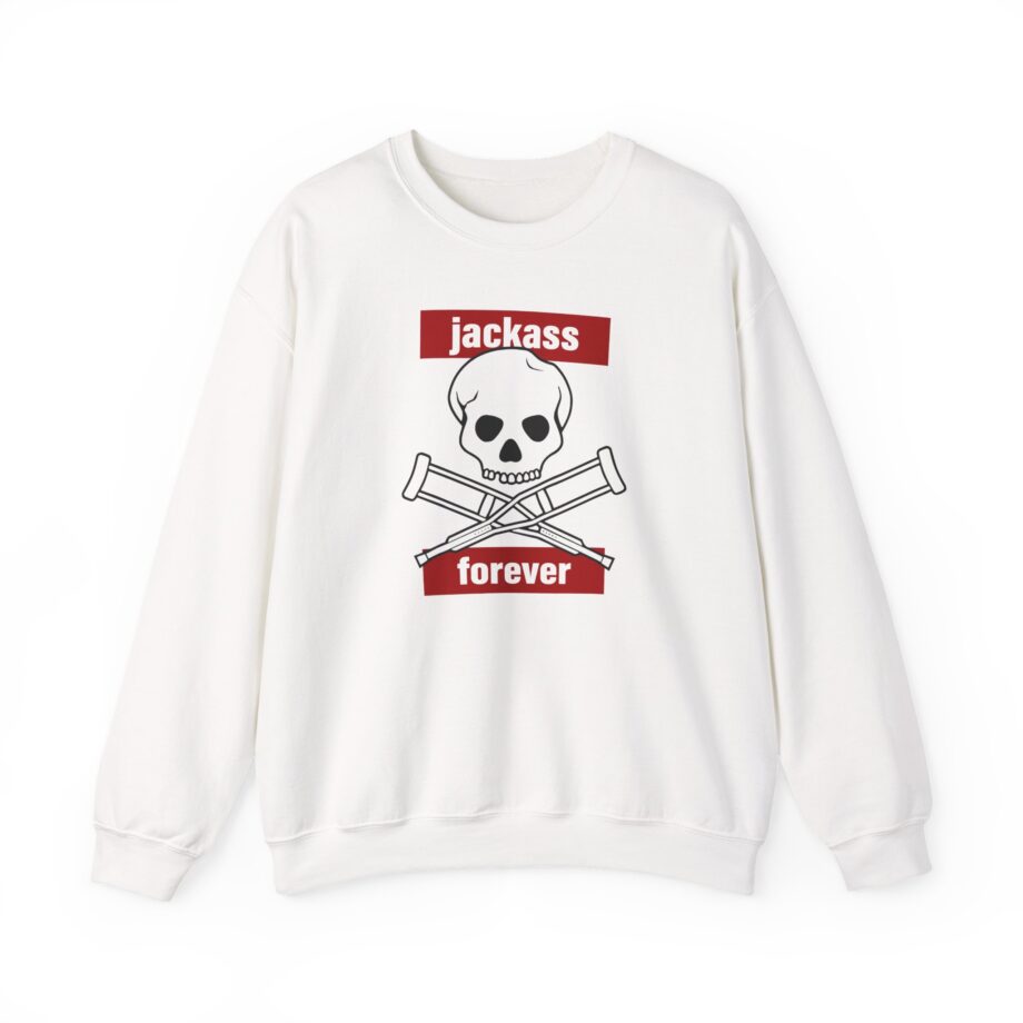 Jackass Forever Red Skull and Crutches Warning Logo Raglan Unisex Heavy Blend™ Crewneck Sweatshirt
