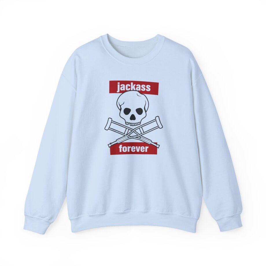 Jackass Forever Red Skull and Crutches Warning Logo Raglan Unisex Heavy Blend™ Crewneck Sweatshirt