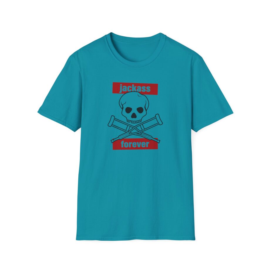 Jackass Forever Red Skull and Crutches Warning Logo Raglan Unisex Softstyle T-Shirt