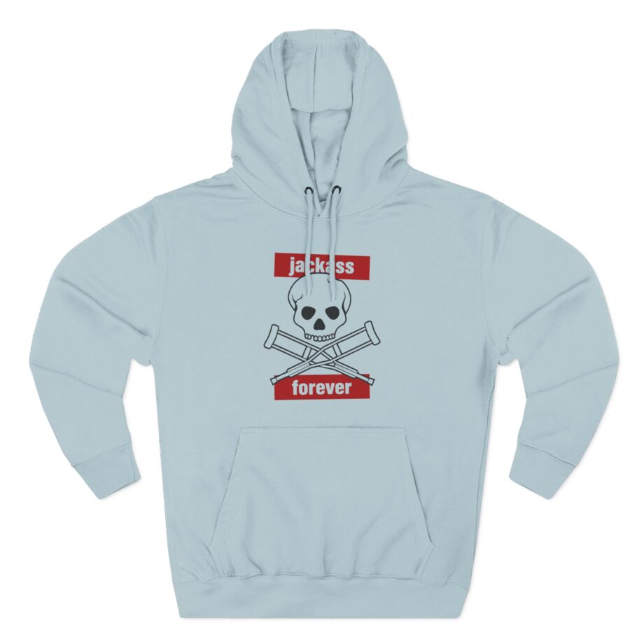 Jackass Forever Red Skull and Crutches Warning Logo Raglan Three-Panel Fleece Hoodie