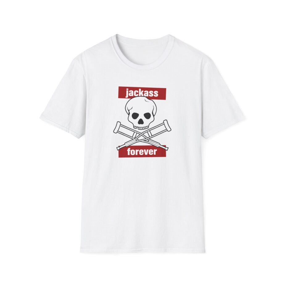 Jackass Forever Red Skull and Crutches Warning Logo Raglan Unisex Softstyle T-Shirt