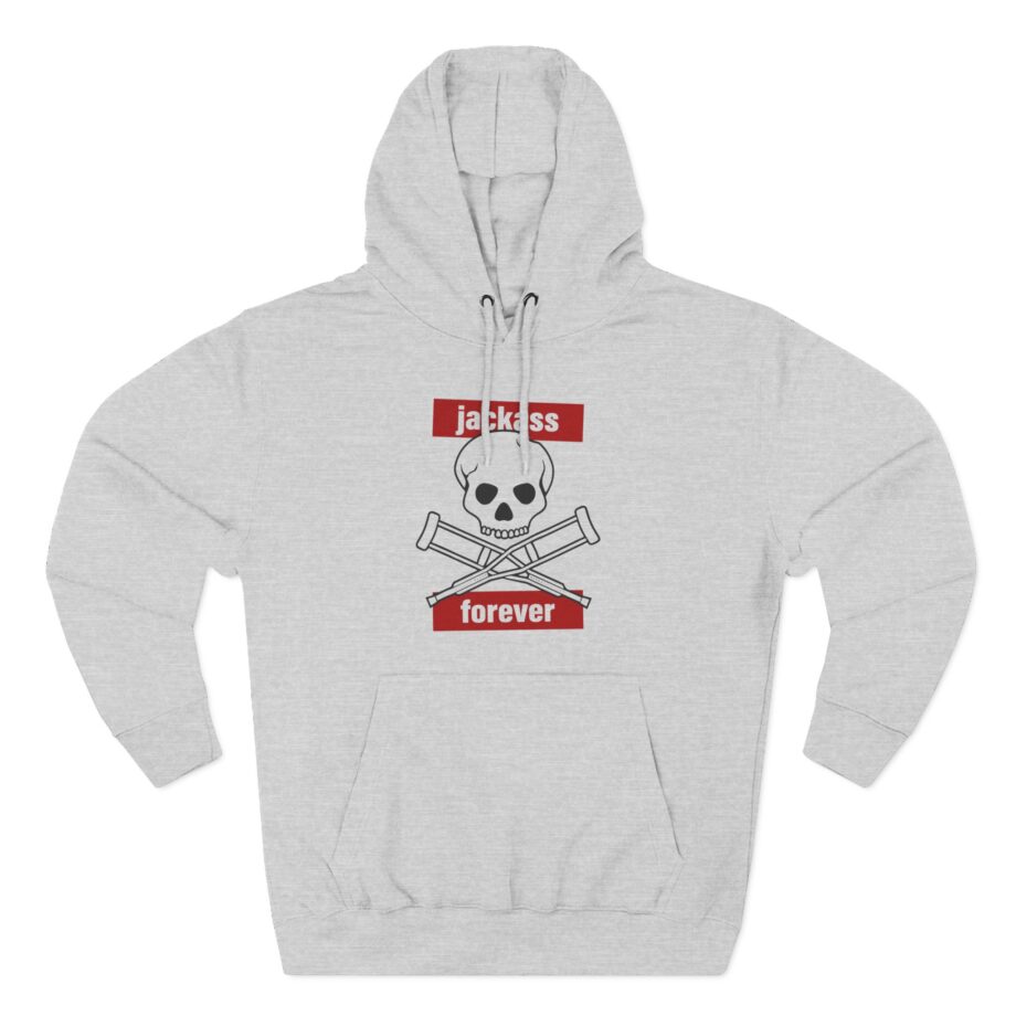Jackass Forever Red Skull and Crutches Warning Logo Raglan Three-Panel Fleece Hoodie