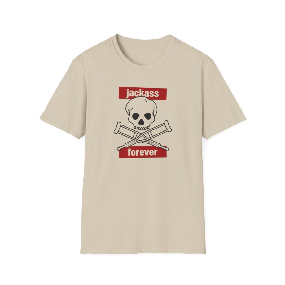 Jackass Forever Red Skull and Crutches Warning Logo Raglan Unisex Softstyle T-Shirt