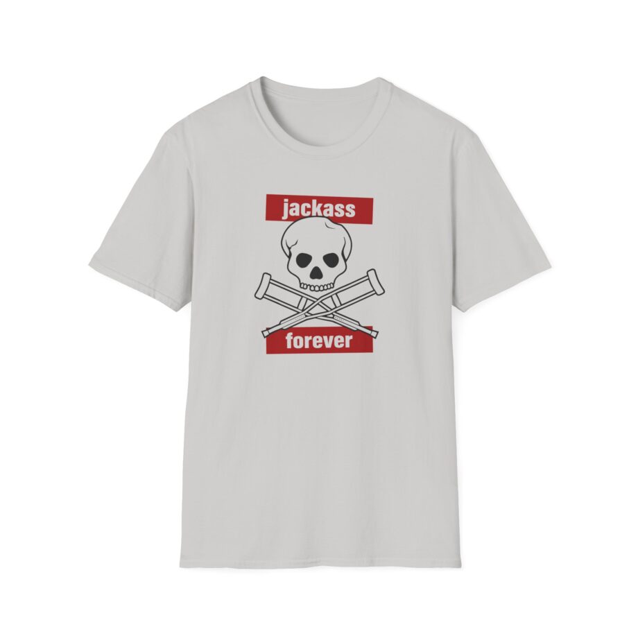 Jackass Forever Red Skull and Crutches Warning Logo Raglan Unisex Softstyle T-Shirt