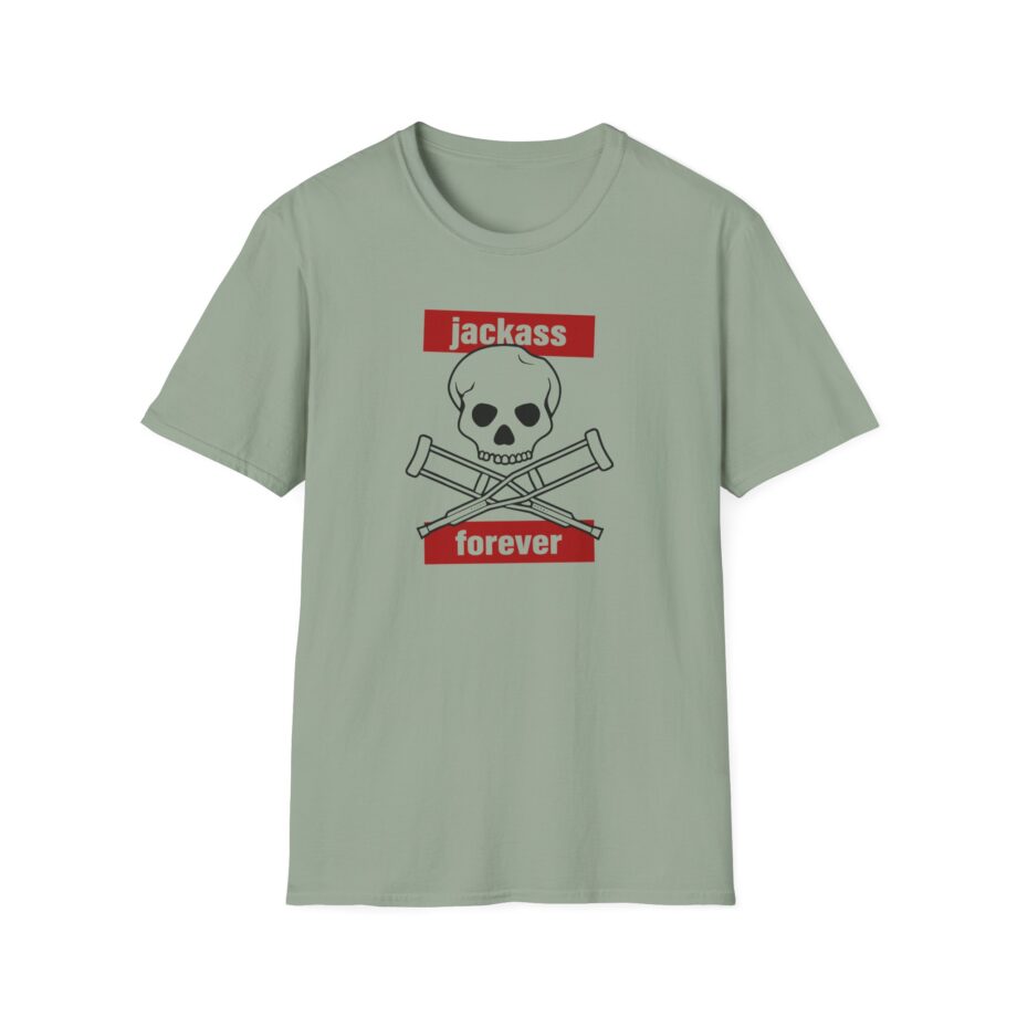 Jackass Forever Red Skull and Crutches Warning Logo Raglan Unisex Softstyle T-Shirt