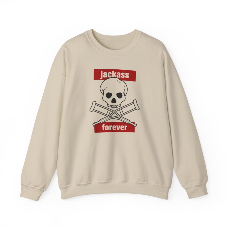 Jackass Forever Red Skull and Crutches Warning Logo Raglan Unisex Heavy Blend™ Crewneck Sweatshirt