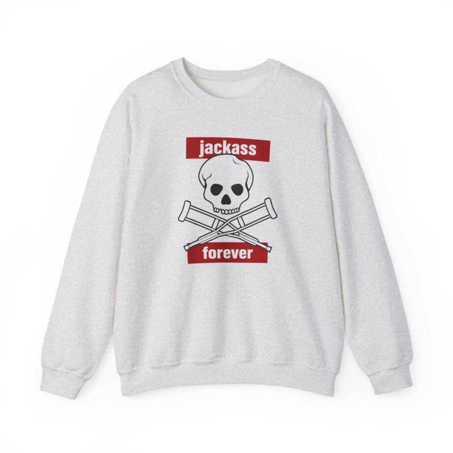 Jackass Forever Red Skull and Crutches Warning Logo Raglan Unisex Heavy Blend™ Crewneck Sweatshirt