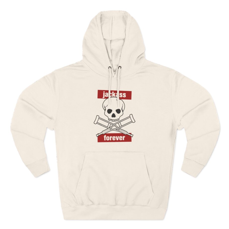 Jackass Forever Red Skull and Crutches Warning Logo Raglan Three-Panel Fleece Hoodie