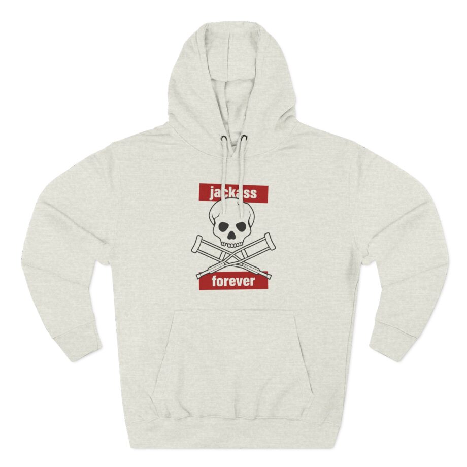 Jackass Forever Red Skull and Crutches Warning Logo Raglan Three-Panel Fleece Hoodie
