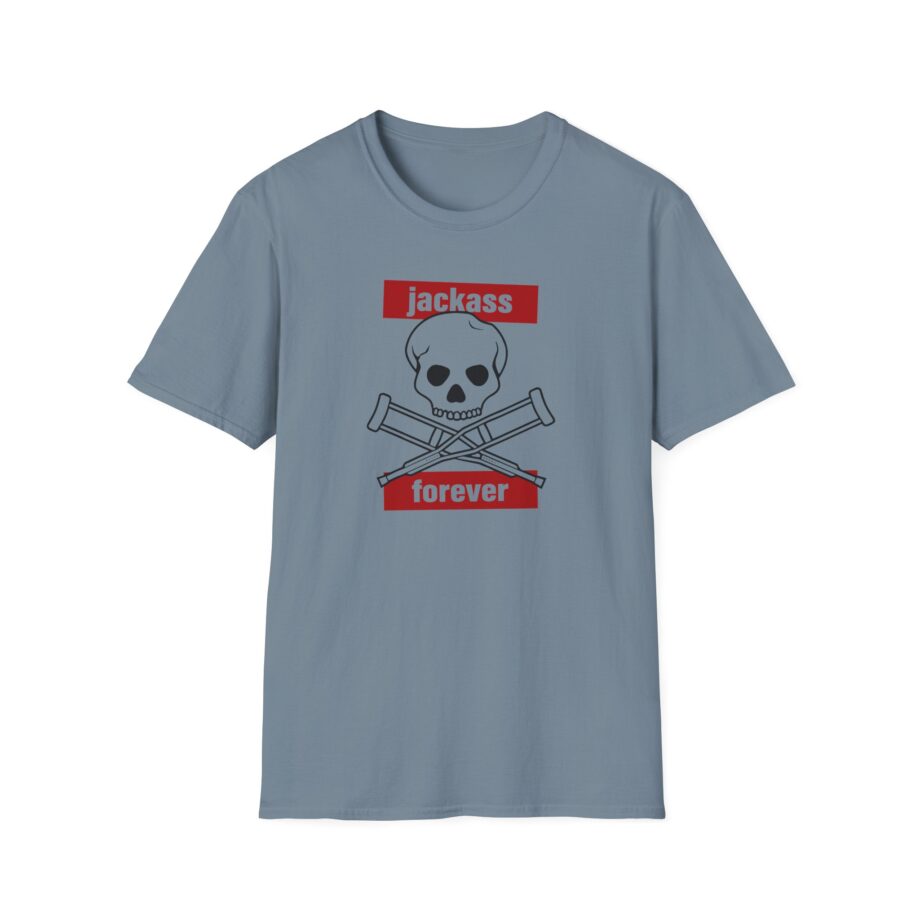 Jackass Forever Red Skull and Crutches Warning Logo Raglan Unisex Softstyle T-Shirt