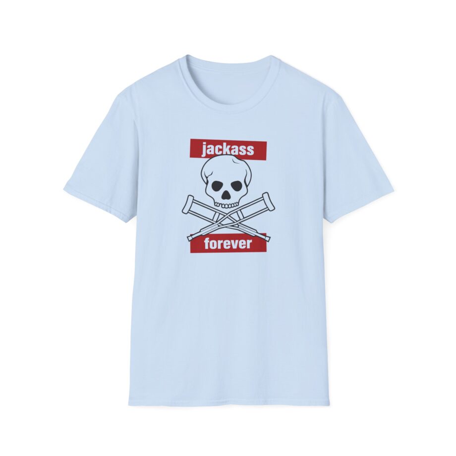 Jackass Forever Red Skull and Crutches Warning Logo Raglan Unisex Softstyle T-Shirt