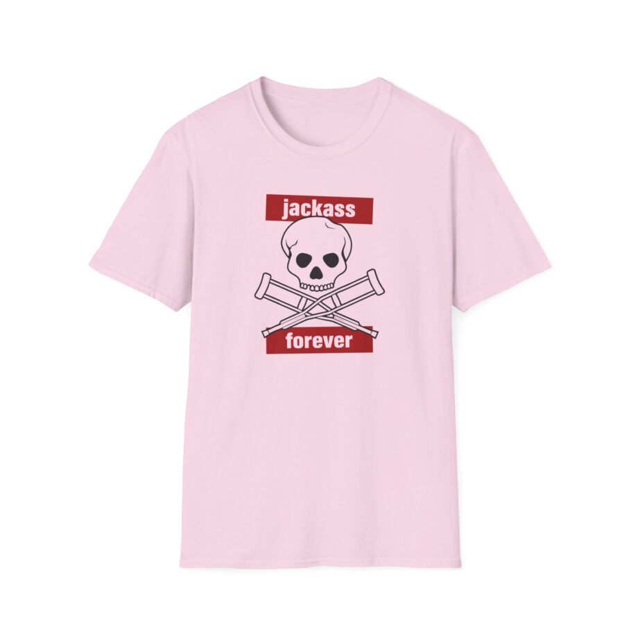Jackass Forever Red Skull and Crutches Warning Logo Raglan Unisex Softstyle T-Shirt
